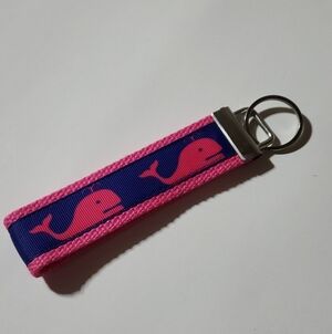 Hot Pink Navy Whale Print handmade Wristlet Key Fob women's Keychain holder